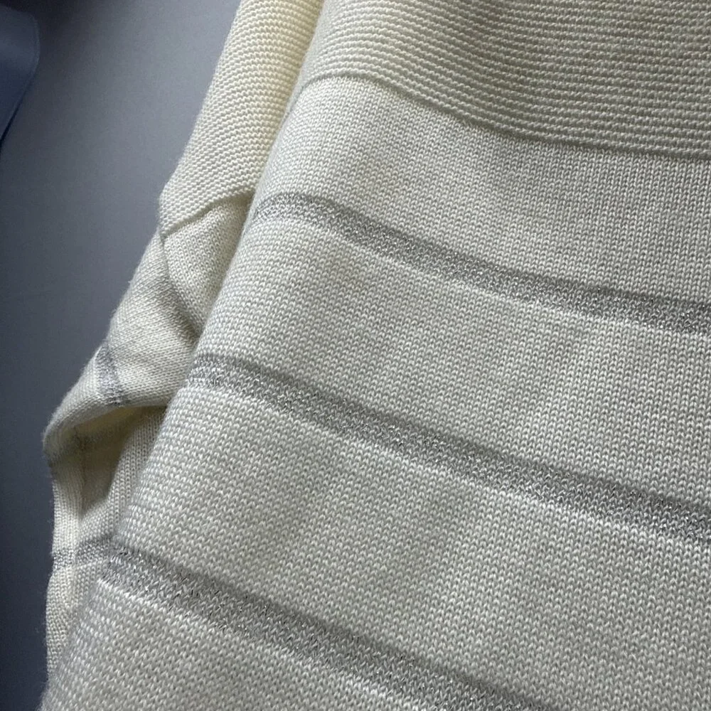 Coldwater Creek Sweater Sz‎ Large Ivory Silver Metallic Stripe Merino Wool Blend